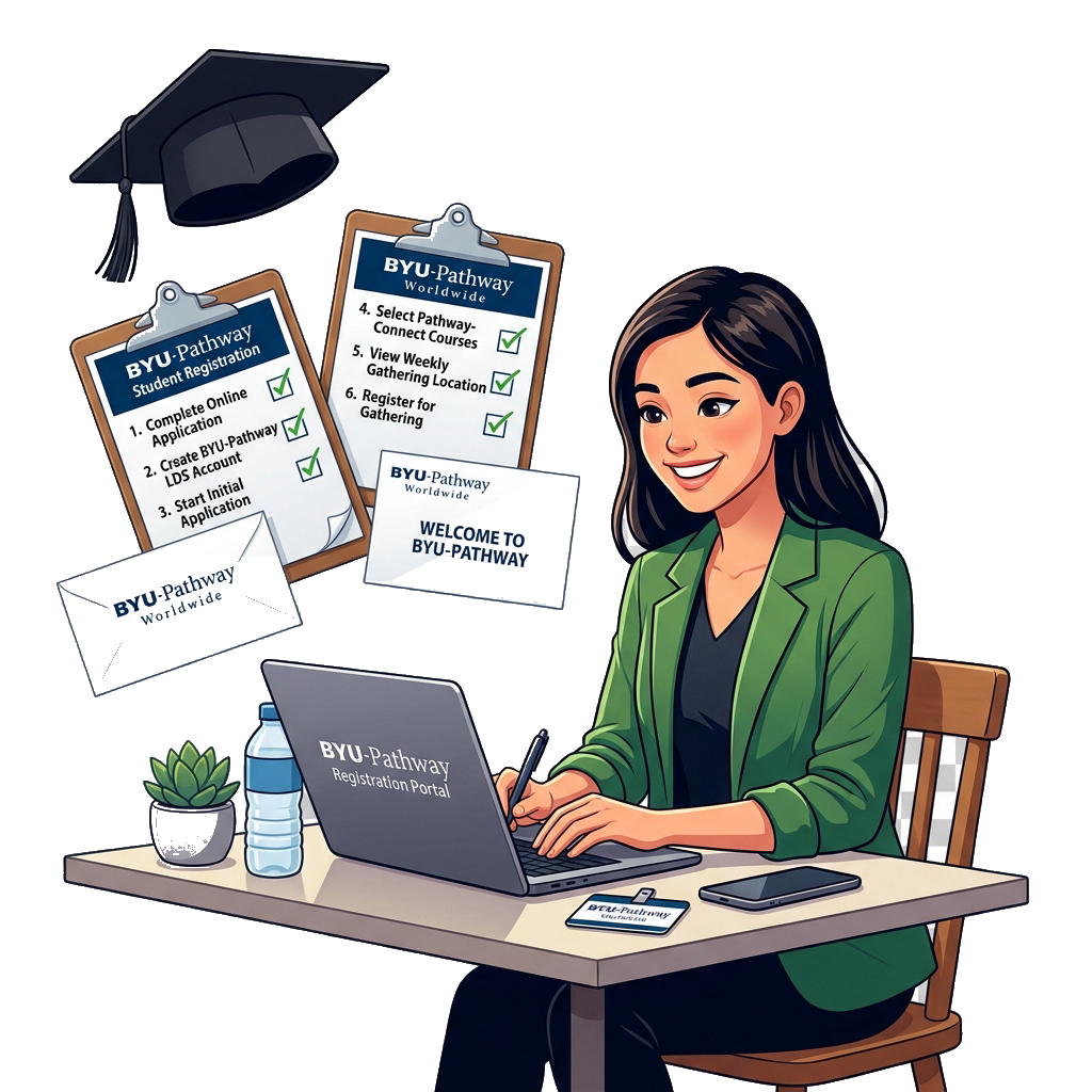 Student registration journey flat-lay with laptop, graduation cap, checklists, and welcome letter